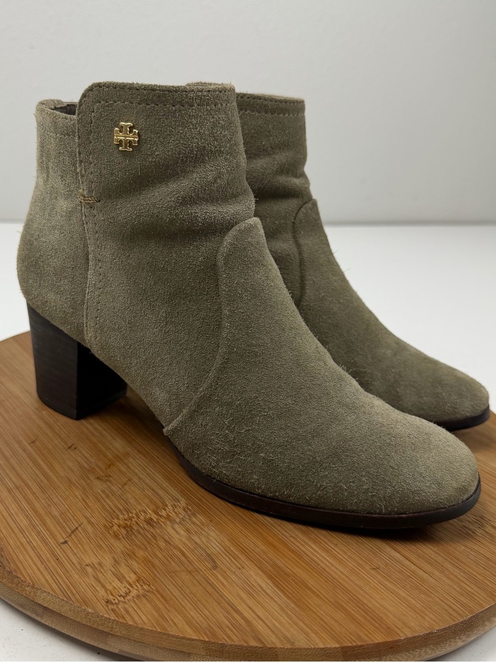 Tory Burch Sabe Olive Green Suede Block Heel Ankle Boots